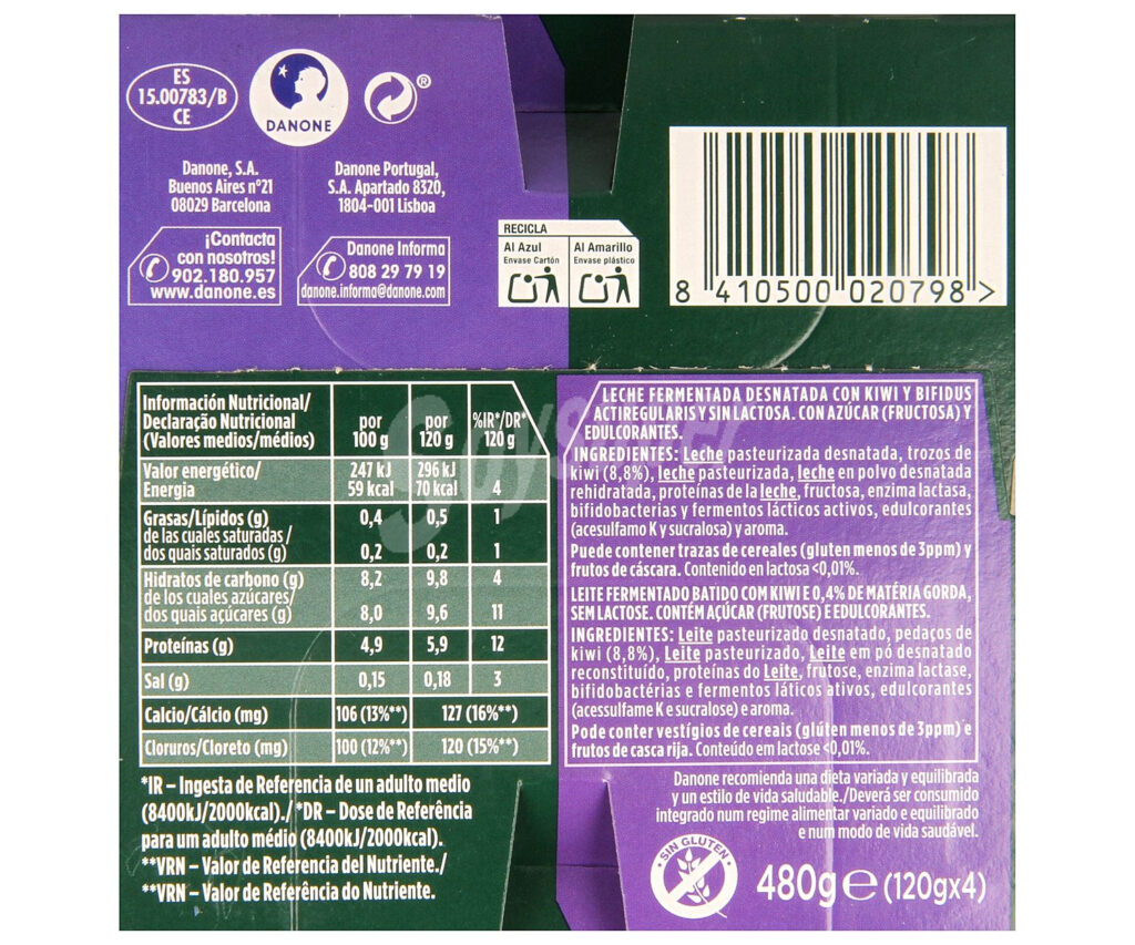 Activia Danone Yogur Con B fidus 0 Materia Grasa Sin Lactosa Sin 