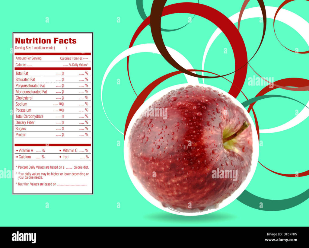 Creative Design For Red Apple With Nutrition Facts Label Stock Photo 