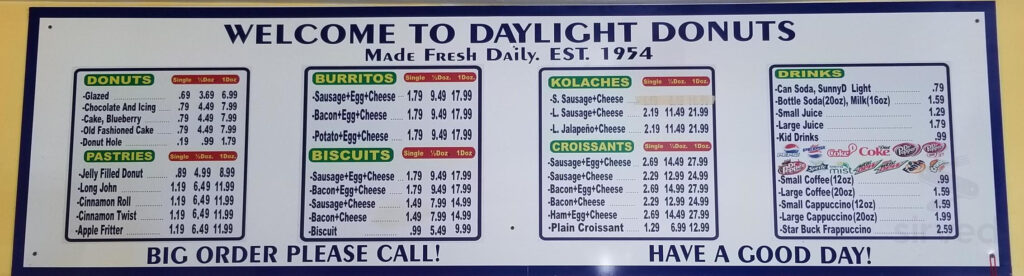 Daylight Donuts Menu In Gainesville Florida USA