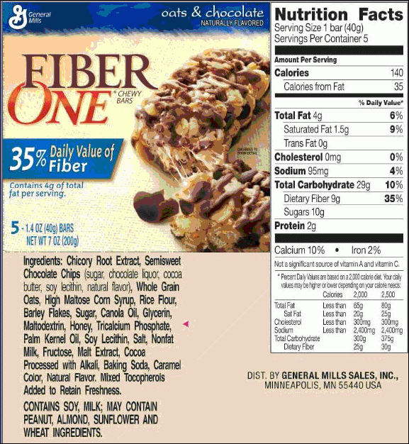 Fiber One Chewy Bars Nutrition Facts