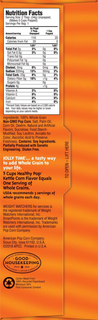 Jolly Time Healthy Pop Microwave Popcorn Low Fat Gluten Free Non GMO 