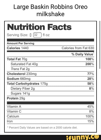Large Baskin Robbins Oreo Milkshake Nutrition Serving Size Facts 