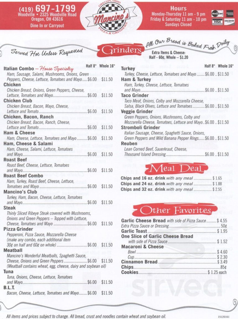 Menu For Mancino s Pizza Grinders In Oregon OH Sirved
