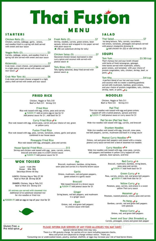 Menu Of Thai Fusion In Clover SC 29710