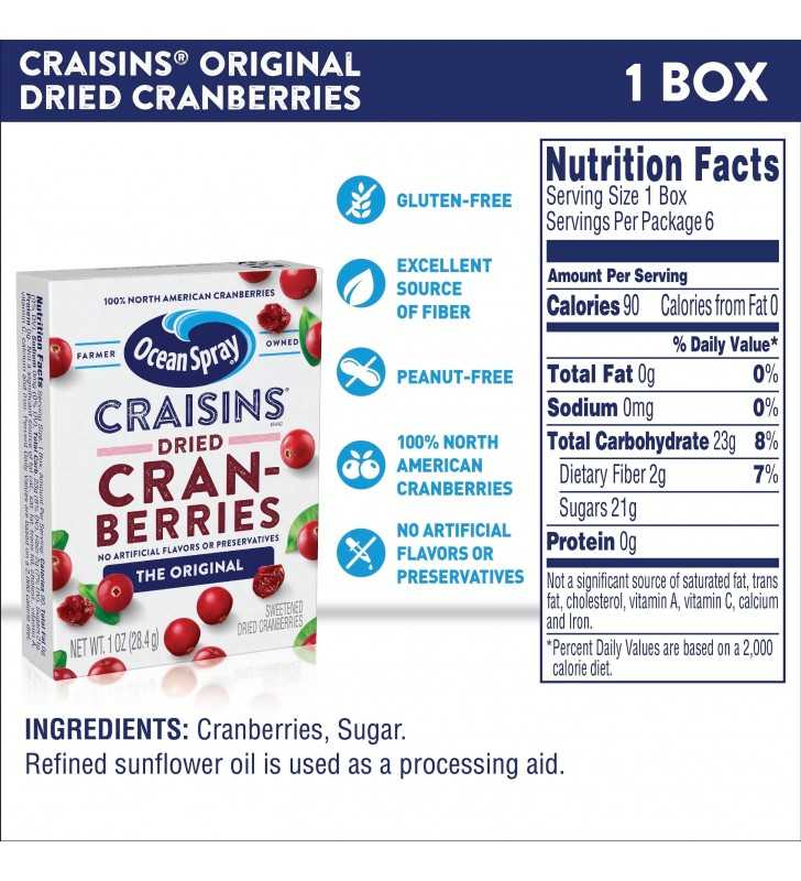 Ocean Spray Craisins Dried Cranberries Original 6ct 1oz Snack Pack Boxes