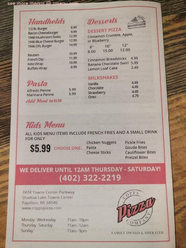 Online Menu Of Copps Pizza Restaurant Papillion Nebraska 68046 Zmenu