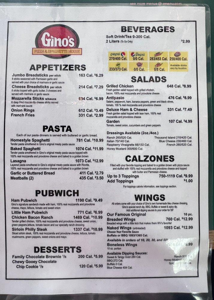 Online Menu Of Ginos Pizza And Spaghetti House Restaurant Weston West 