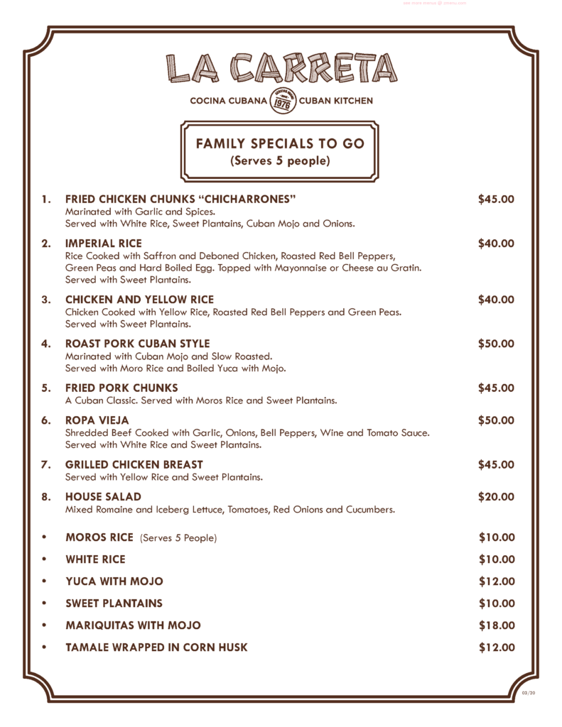 Online Menu Of La Carreta Restaurant Miami Florida 33135 Zmenu