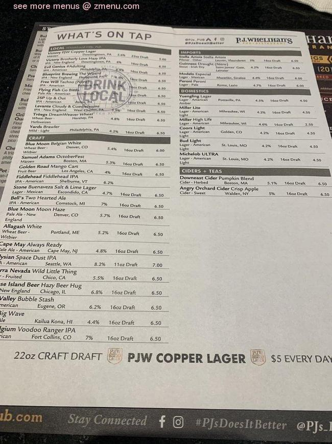 Online Menu Of P J Whelihan s Pub Restaurant Hatfield Restaurant 