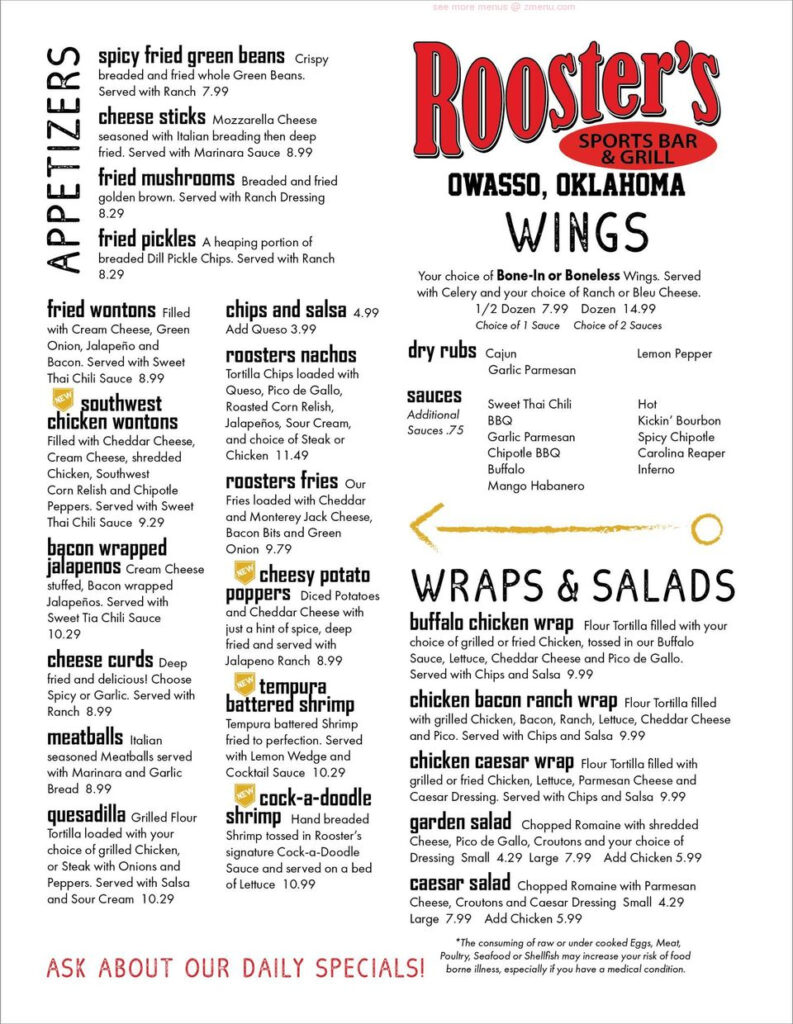 Online Menu Of Roosters Sports Bar Grill Restaurant Owasso Oklahoma 