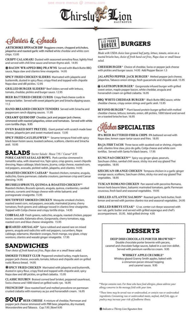 Online Menu Of Thirsty Lion Gastropub Grill Phoenix Restaurant 