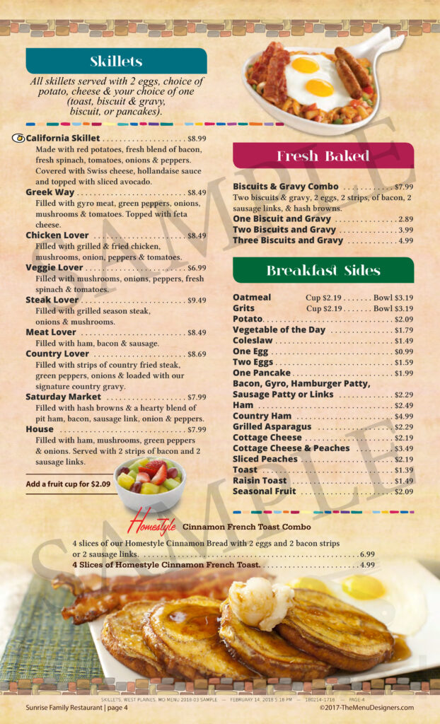 Skillets Menu In West Plains Missouri USA