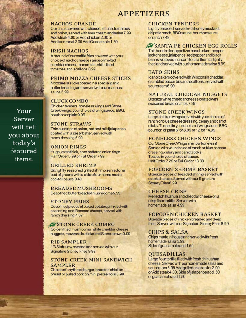 Stone Creek Grill Menu In Winthrop Harbor Illinois USA